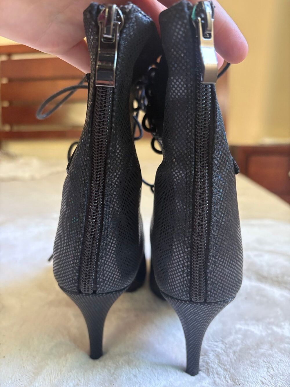 Burju Kiira Harper Deja Vu Open Toe Lace Up Heels 5.5 Blue Metallic Dance Bootie - Picture 6 of 8